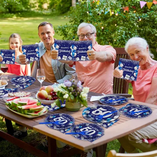 Miniatura 6 de 96 piezas de suministros para fiesta de cumpleaños número 50: platos azul marino y plateado, servilletas, tenedores y decoraciones de mesa para 24