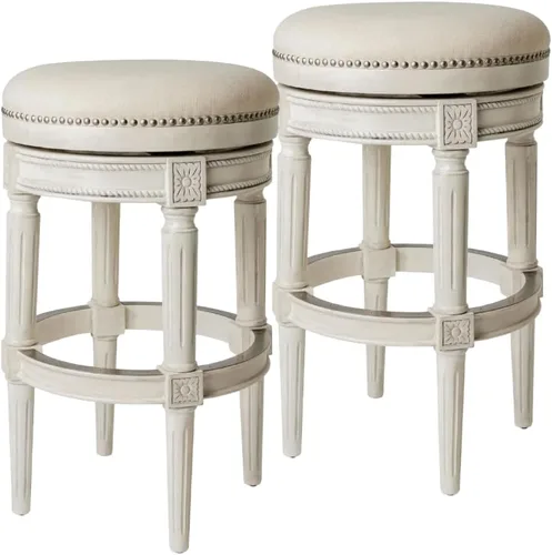 Miniatura 12 de Maven Lane Pullman Taburete de Bar de Madera Giratorio 180 Grados sin Respaldo de 30" de Altura con Ribete de Tachuelas, Acabado Blanco Alabastro