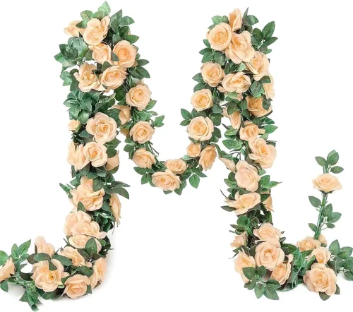 YRIOWMI 10 guirnaldas de rosas falsas, flores artificiales de vid de 7.5 pies, para mesa, telón de fondo de boda, arco, pared, fiesta, manto, Champán