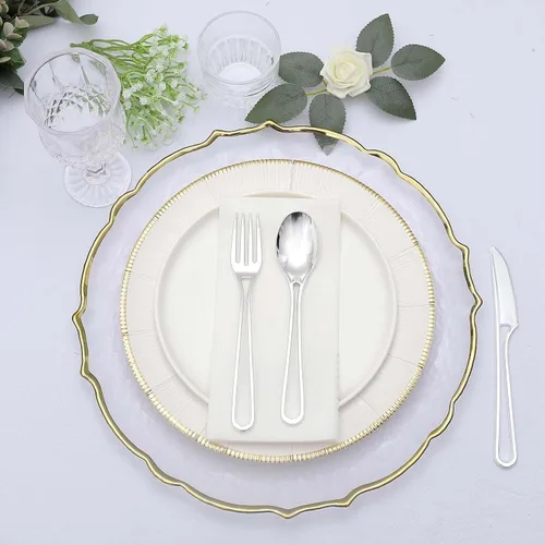 Miniatura 9 de Efavormart - Juego de utensilios de plástico con diseño moderno de mango hueco dorado de 7 pulgadas, tenedores, cucharas y cuchillos desechables, Oro