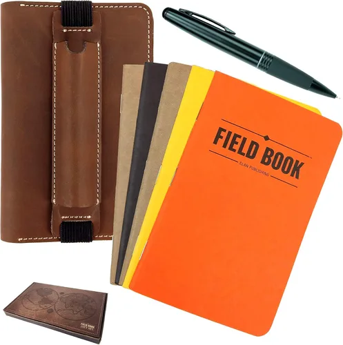 Excello Global Products Juego de regalo de funda de cuaderno de cuero cosido hecho a mano: incluye bolígrafo y 5 cuadernos de campo, compatible con