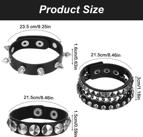 Miniatura 2 de Ptwola 3 pulseras de cuero punk rock con tachuelas, pulseras de joyería de cuero punk de los años 80, juego de pulseras góticas de los años 80