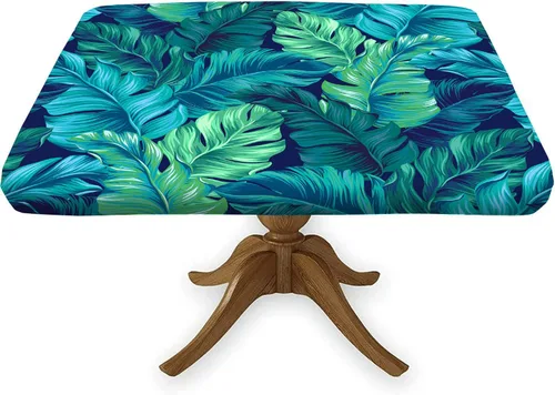 Miniatura 19 de Mantel cuadrado de estilo bohemio, diseño de hojas de color azul marino, con bordes elásticos, de poliéster, para interiores y exteriores, 2-Mantel