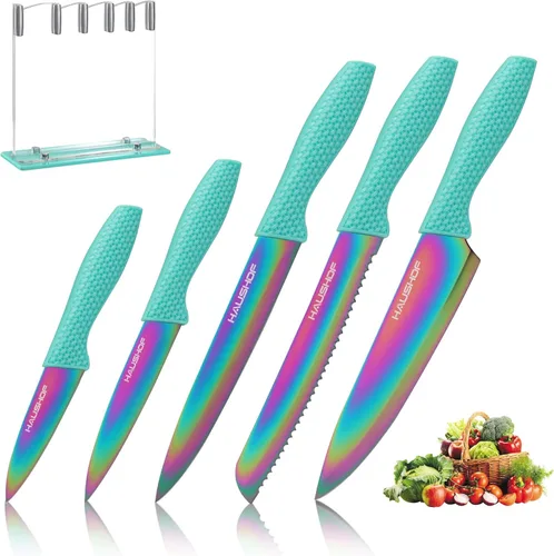 HAUSHOF Juego de cuchillos de cocina, juego de 5 cuchillos arcoíris con bloque arcílico, juego de cuchillos verdes afilados para cocina, juego de