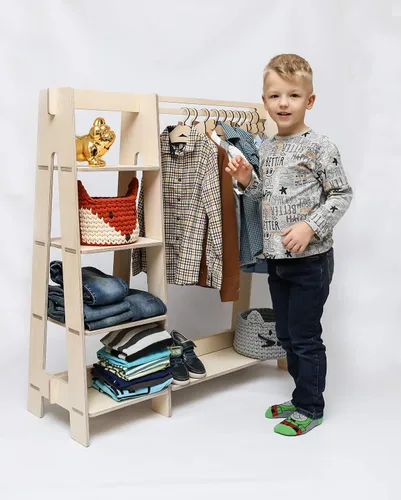 Miniatura 11 de Sweet Home from wood Armario infantil – Perchero de madera con riel colgante y estante de exhibición para niños – Muebles de vestir de bricolaje