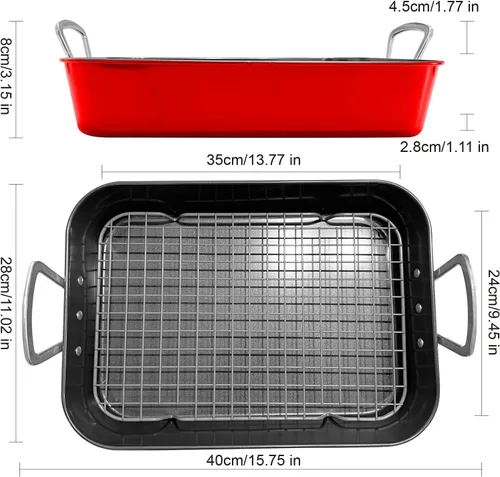 Miniatura 3 de Sartén para asar con estante antiadherente para hornear con asa, de acero al carbono, para asar pavo, pollo, verduras, carne de res, mariscos, Rojo