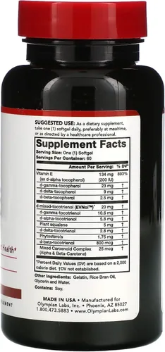 Miniatura 3 de Olympian Labs Vitamina E TOCOMIN COMPLETA, 200IU 60 cápsulas blandas, combate los radicales libres, apoya el cerebro, la piel y el cabello, 60