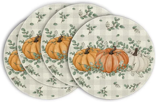 Miniatura 21 de Artoid Mode - Set de 2 manteles individuales de cuadros de búfalo con calabazas y hojas de eucalipto, manteles otoñales de 12x18 pulgadas para Azul