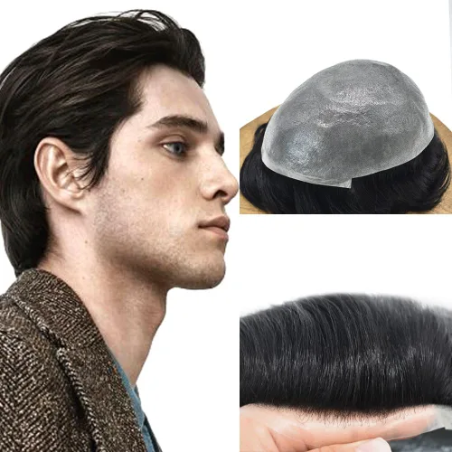 Miniatura 12 de Tupé para hombre, extensiones de cabello humano Remy para hombre, piel fina, 0.002 in, sistema de reemplazo de cabello con bucle en V para hombres
