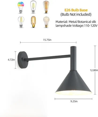Miniatura 6 de Lámpara de granero de cuello de cisne negro satinado de 19 pulgadas con brazo de extensión largo de 15 pulgadas, aplique de pared de granja