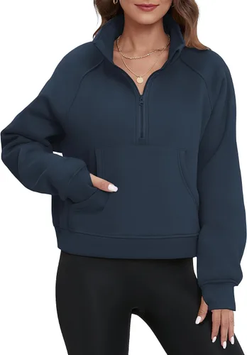 Miniatura 7 de ATHMILE Sudaderas para mujer, sudaderas cortas con capucha y media cremallera, forro polar, suéter con cremallera de un cuarto, suéter de moda