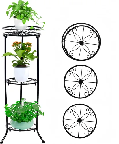 Miniatura 7 de FAMZ Soporte para plantas para interiores y exteriores, 3 niveles de alto, soportes de metal negro para plantas, estante redondo de 35 pulgadas