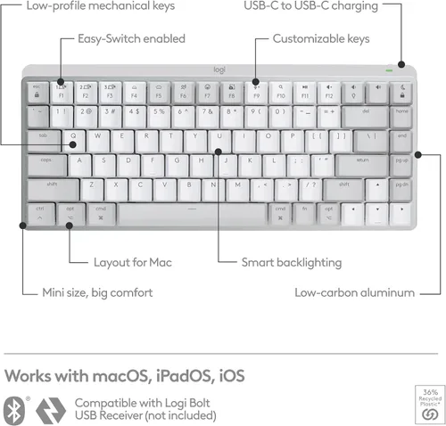 Miniatura 6 de Logitech MX Mechanical Mini - Teclado inalámbrico iluminado para Mac, interruptores de rendimiento de bajo perfil, teclas táctiles silenciosas, Gris