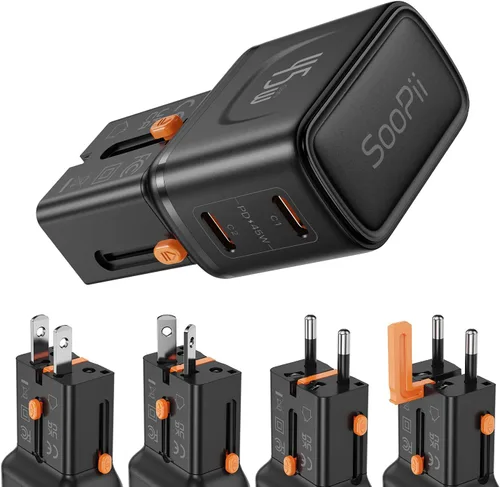 Miniatura 14 de SooPii Adaptador de viaje universal, convertidores de corriente con 1 USB C y 2 puertos USB A, adaptador de enchufe de viaje 7 en 1 cargador