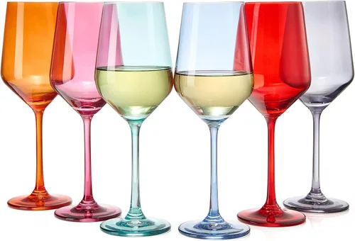 Miniatura 19 de Juego de copas de vino de colores, juego de 6 vasos de 12 onzas, tallo alto de estilo italiano único para vino blanco y tinto, agua, vasos