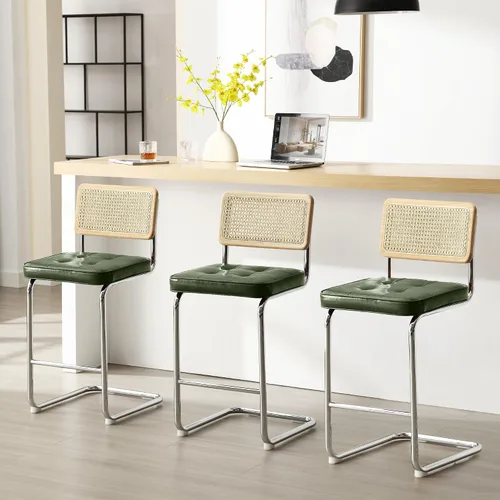 Miniatura 10 de ONEVOG Juego de 3 taburetes de bar de 26 pulgadas de altura de mostrador para cocina, modernas sillas tapizadas de ratán de mediados de siglo