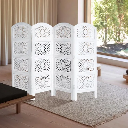 Miniatura 8 de Panel de pantalla de madera para divisor de habitación, blanco, plegable de 4 paneles de 64 x 48 pulgadas, tallado a mano, partición de privacidad