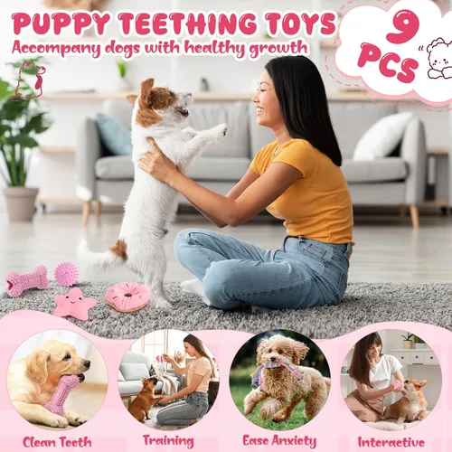 Miniatura 2 de Paquete de 9 juguetes de color rosa para cachorros para dentición, interactivos para mantenerlos ocupados, lindo juguete de goma suave para perros