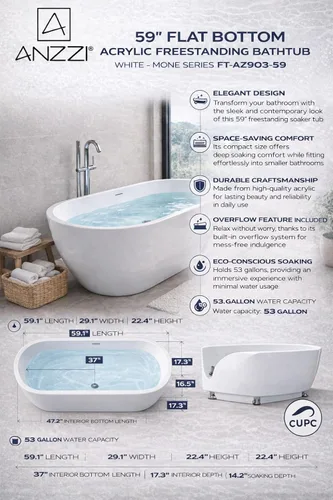 Miniatura 6 de ANZZI Bañera independiente de acrílico de 59 pulgadas de fondo plano Bañera de remojo White Mone Series Diseño compacto construido en desbordamiento