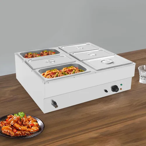 Miniatura 3 de Calentador de alimentos eléctrico para encimera de 6 sartenes, mesa de vapor para buffet comercial de acero inoxidable con 6 cubiertas de acero