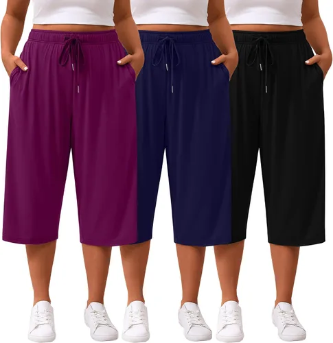 Miniatura 9 de Paquete de 3 pantalones capri de talla grande para mujer, ajuste holgado, pierna ancha, pantalones recortados para yoga, descanso, entrenamiento