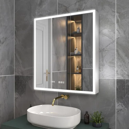 ExBrite Botiquín iluminado de 28 x 32 pulgadas, armario con espejo LED empotrado/superficie con reloj y pantalla de temperatura, desempañamiento,