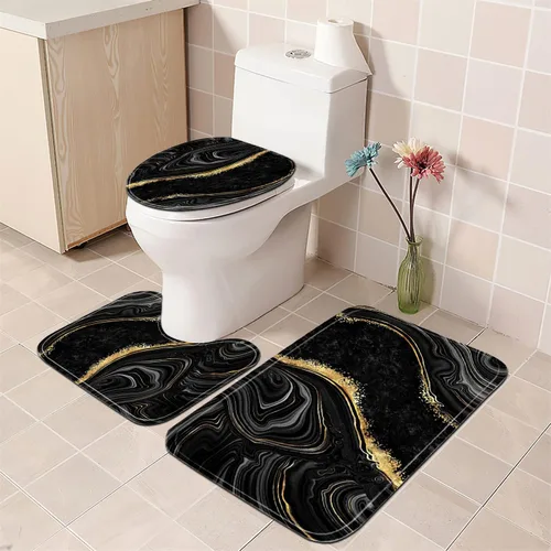 Miniatura 3 de Nkzply Juego de 4 Piezas de Cortinas de Ducha de Mármol Negro con Alfombras, Juegos de Baño Dorados con Cortina de Ducha y Alfombras, Accesorios