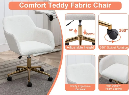 Miniatura 6 de Silla de tocador de piel sintética para oficina en casa con respaldo, altura de maquillaje rodante, color blanco con ruedas, escritorio mullido