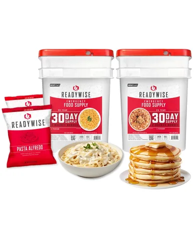 ReadyWise Suministro de alimentos para emergencias de 30 días - 296 porciones, 2 cubos, comidas de proteína liofilizadas, almacenamiento de
