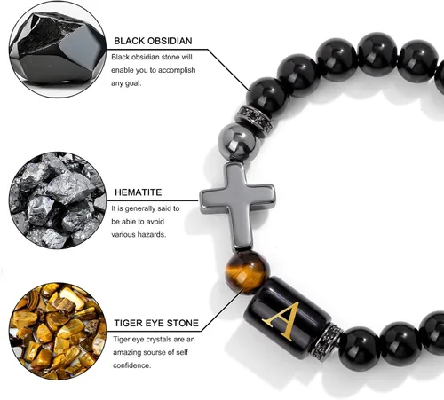 Miniatura 5 de Pulseras de cuentas con iniciales para hombre, pulsera de triple protección de 0.315 in de obsidiana y hematita, hecha a mano con letras de piedra