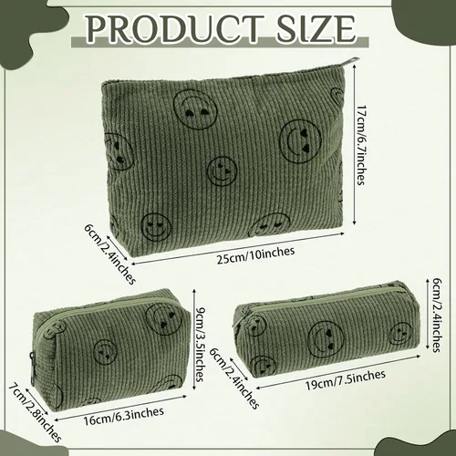 Miniatura 2 de Huhumy Juego de 3 bolsas de maquillaje para mujeres, bolsa cosmética de pana con sonrisa estética, bolsa de viaje para artículos de tocador, linda