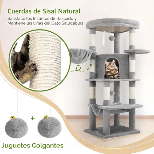 Miniatura 6 de Globlazer Torre esquinera para gatos de interior, torre de condominio de 51 pulgadas para gatos de varios niveles con hamaca grande, 7 postes claro