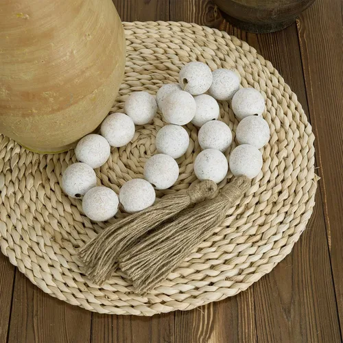 Miniatura 7 de OMISHE Guirnalda de Cuentas de Madera Extra Grande Blanco Rústico con Cuentas de Madera de 1.6" de Diámetro y Borlas, 41" de Largo Cuentas 7 blanco