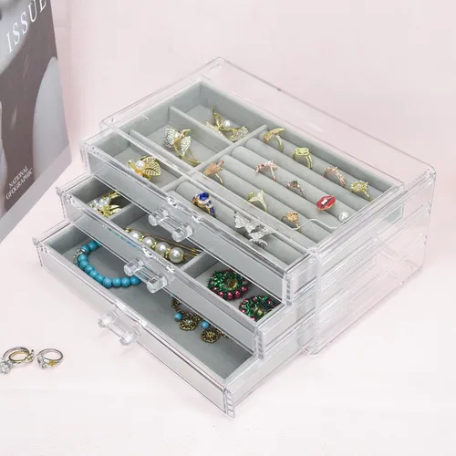 Miniatura 6 de Joyero acrílico con 3 cajones, organizador de joyas de terciopelo, aretes, anillos, collares, pulseras, vitrina, regalo para mujeres y niñas