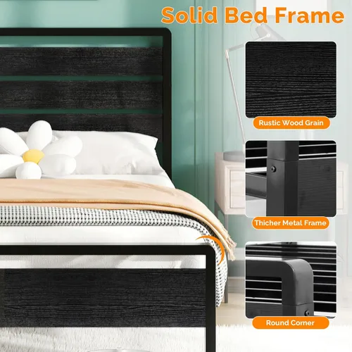Miniatura 6 de VINGLI Base de cama de plataforma individual con cabecero y estribo LED, estación de carga USB, cama de panel de metal con espacio de almacenamiento