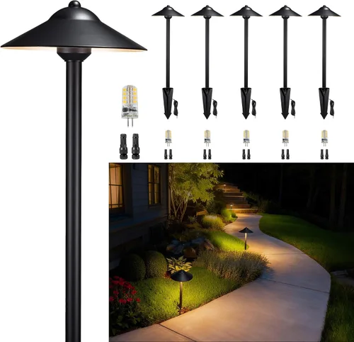Miniatura 10 de Gardenreet Luces de camino de paisaje de latón, luces de camino de bajo voltaje de 12 V con cable, luces de jardín al aire libre LED impermeables