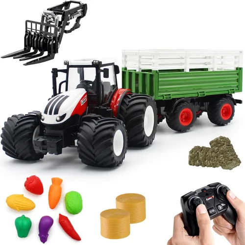 fisca Juego de tractor de juguete a control remoto con carretilla elevadora delantera de remolque, escala 1/24, 2.4Ghz, camión de granja
