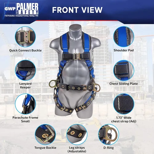 Miniatura 2 de Palmer Safety Kit de protección contra caídas, arnés de seguridad de 5 puntos, cordón de doble pierna de 6 pies, extensor de anillo en D de 18 Azul
