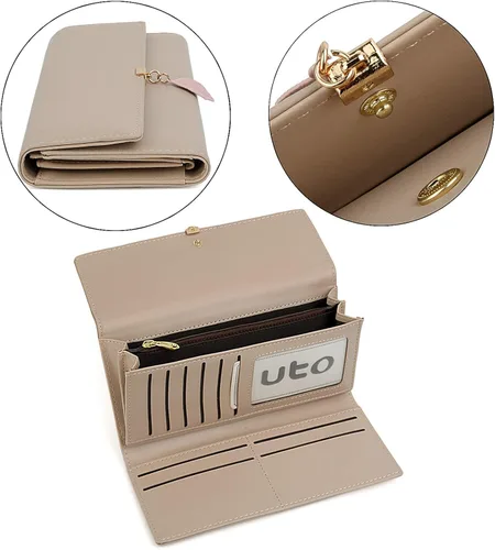Miniatura 4 de UTO - Cartera pequeña RFID de piel sintética con dije de hoja, cierre de cremallera y tarjetero.
