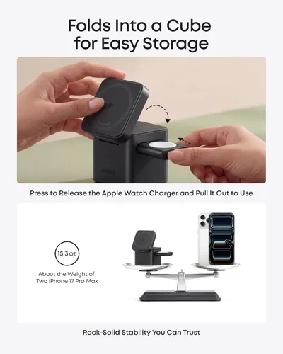 Miniatura 7 de Anker Cargador inalámbrico de cubo 3 en 1, estación de carga compatible con Qi2 MagSafe, soporte de carga rápida plegable de 15 W para iPhone 17/16