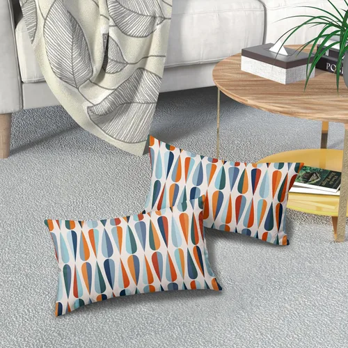 Miniatura 5 de Juego de 2 fundas de almohada lumbar de mediados de siglo de 12 x 20 pulgadas, con forma de gota azul y naranja, fundas rectangulares modernas retro