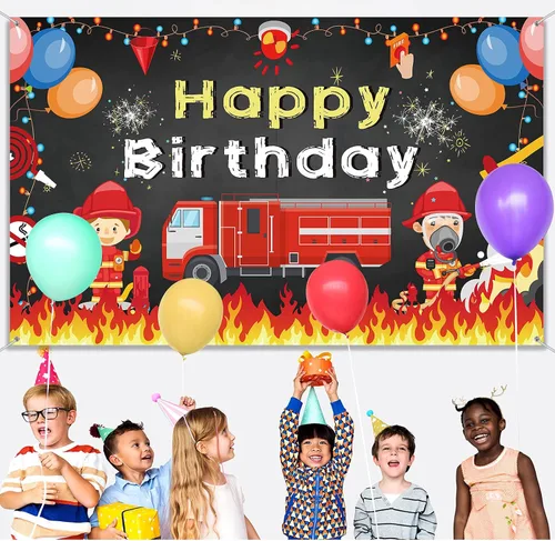 Miniatura 5 de Tatuo Cartel de fondo de fiesta de cumpleaños de camión de bomberos, 71 x 43 pulgadas, decoración de cumpleaños para niños y niñas, decoración