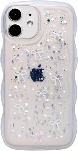 Miniatura 65 de Qokey Funda para iPhone 12 Pro Max de 6.7 pulgadas, diseño de onda rizada, borde transparente, brillante con purpurina, estrella brillante, bonita