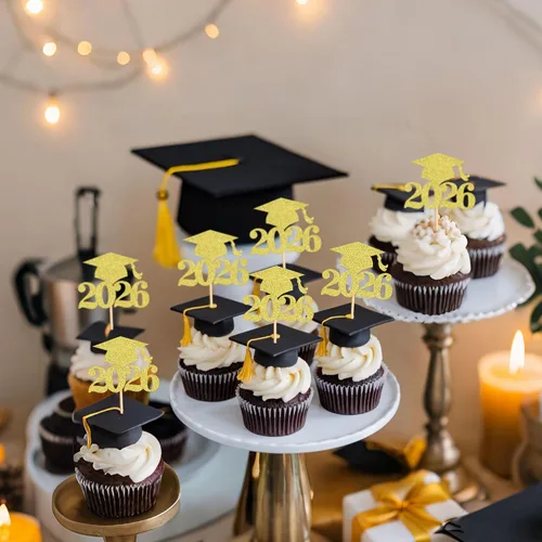 Miniatura 4 de Ercadio 36 piezas de tapa de graduación dorada con purpurina 2026 para magdalenas de clase de 2026, para preescolar, escuela secundaria, diploma