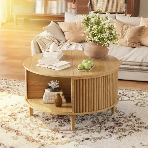 Miniatura 6 de Mesa auxiliar con tapa elevable y almacenamiento, mesa central redonda acanalada con puerta de armario deslizante, mesa pequeña circular para sala