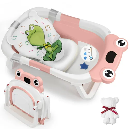 DEANIC Bañera plegable para bebé con toallita para bebé, bañera infantil portátil con cojín suave de apoyo para el baño del bebé para recién nacidos