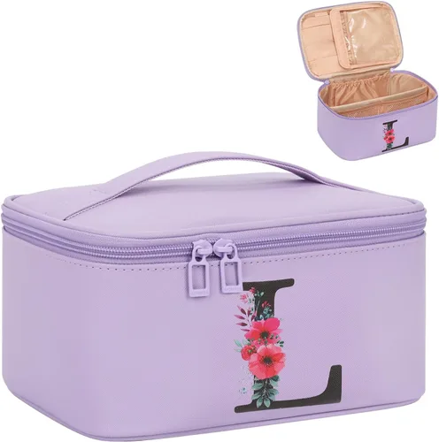 Miniatura 12 de OCHEAL Bolsa de maquillaje personalizada, bolsa de maquillaje beige para mujer, kit de aseo de viaje con monograma, organizador de cosméticos listo