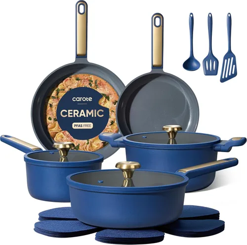 CAROTE Juego de utensilios de cocina de cerámica, juego de ollas y sartenes antiadherentes de 16 piezas, juego de utensilios de cocina no tóxico,
