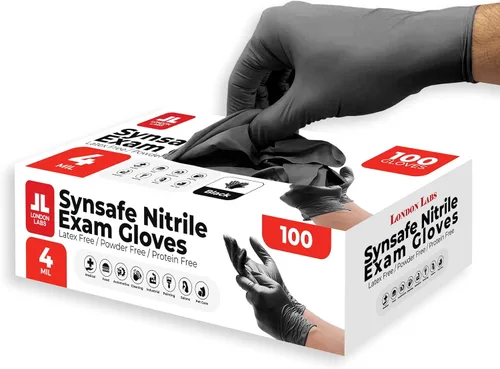 Miniatura 10 de London Labs Synsafe 4 Mil - Guantes de nitrilo negros para examen – Desechables, sin látex ni polvo – Guantes de goma extra fuertes – Kit