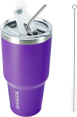 BJPKPK Vaso de acero inoxidable de 30 onzas con tapa y pajita, aislado al vacío, vaso de agua y café de doble pared, color morado Púrpura-30oz